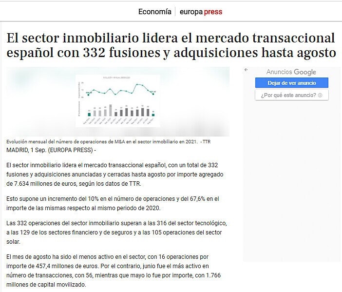 El sector inmobiliario lidera el mercado transaccional espaol con 332 fusiones y adquisiciones hasta agosto